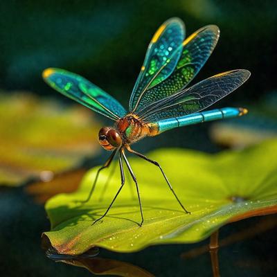 The primary subject of the image is a dragonfly perched on a leaf. The setting is a pond, with the dragonfly sitting on a leaf floating on the water. The visual style is a photo, capturing the dragonfly in its natural habitat. The colors and mood of the image are vibrant and lively, with the dragonfly's green and blue colors contrasting beautifully with the leaf and the pond's water.